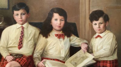 Scottish Family Antique Portrait Painting Of Children Wearing Red Tartan Kilts - Image 4